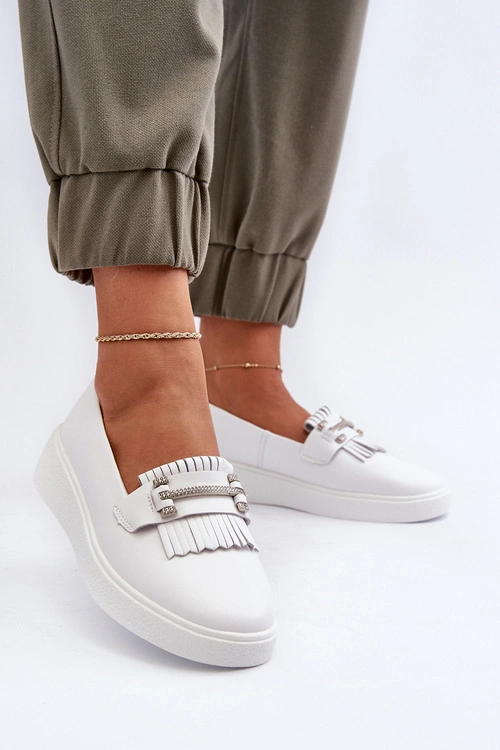 Lekkie Mokasyny Damskie Skórzane Na Platformie Białe S.Barski LR590 