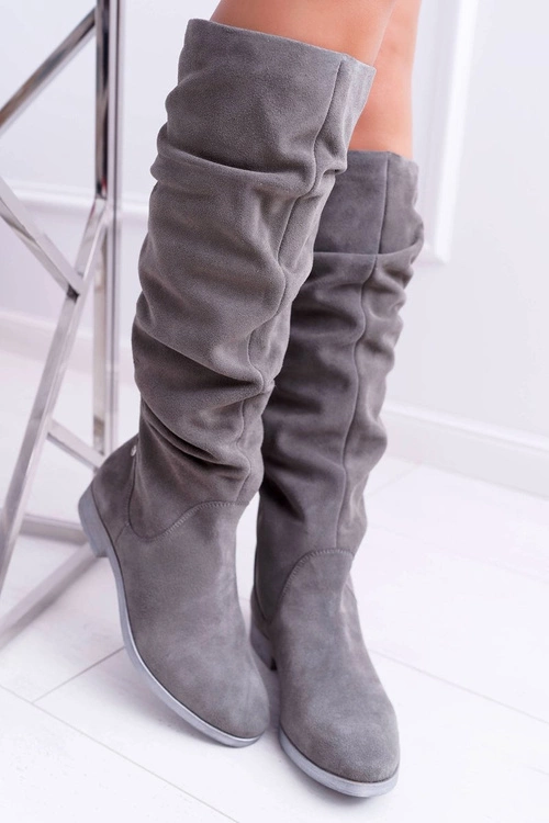 Kozaki Damskie Maciejka Skóra Zamsz Szare Pello