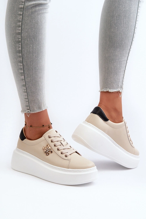 Skórzane Sneakersy Damskie Na Platformie Beżowe Pernalia