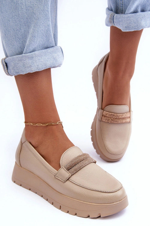 Skórzane Półbuty Na Platformie Z Ozdobą Jasnobeżowe Lemar Lehira