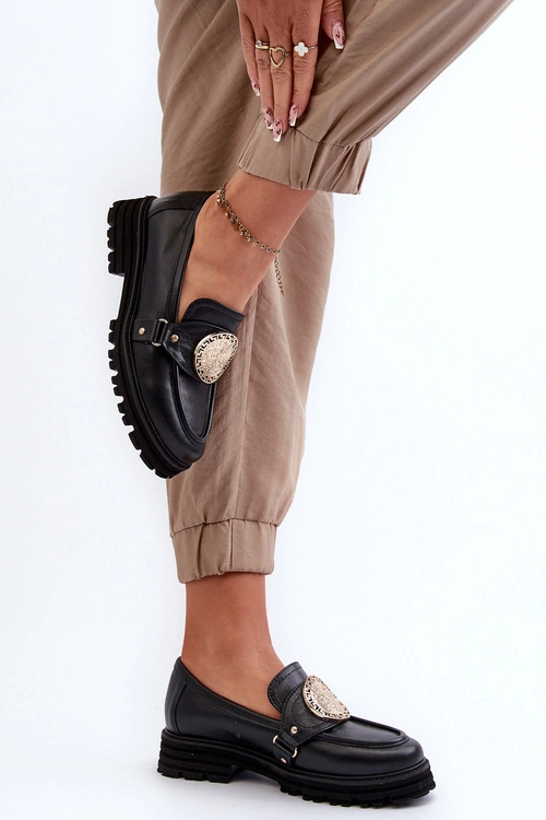 Zazoo 3485 Mokasyny Damskie Ze Złotą Ozdobą Skóra Naturalna