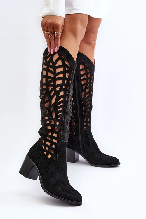 Ażurowe Kozaki Na Obcasie Czarne Pinkema