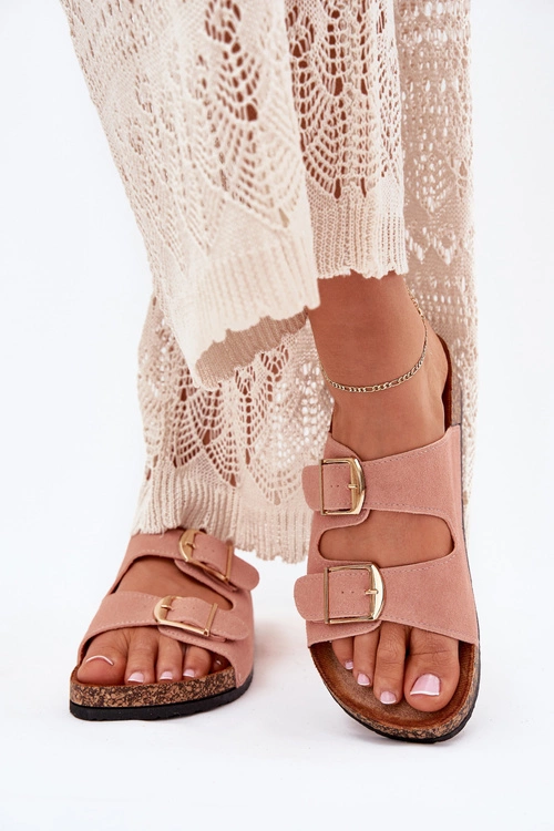 Klapki Damskie Na Korkowej Platformie Ze Złotymi Klamrami Różowe Lisavionea