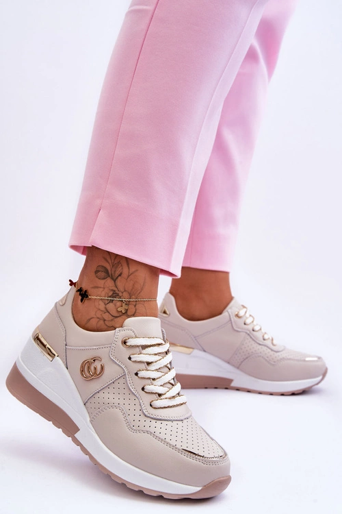 Damskie Skórzane Buty Sportowe Na Koturnie Beżowe Rebeca