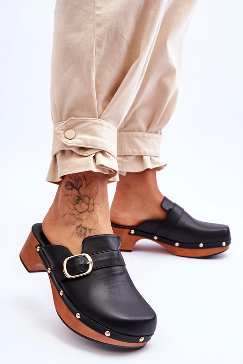 Damskie Skórzane Klapki Chodaki Czarne Fanett