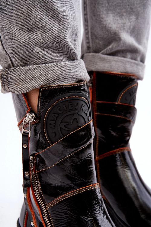 Damskie Lakierowane Skórzane Botki Z Suwakami Maciejka 06238-18 Czarne