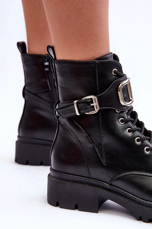 Modne Botki Workery Z Ozdobą Czarne Ollia