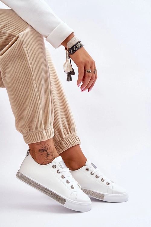 Niskie Trampki Damskie Z Dżetami Biało-Srebrne Demira