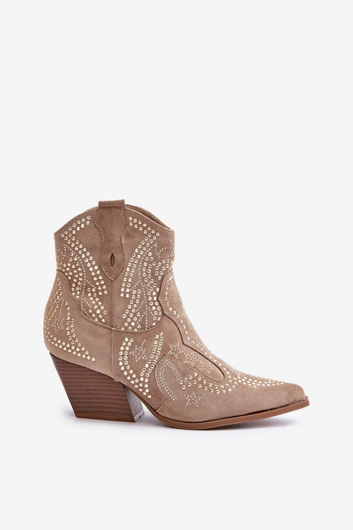 Zdobione Botki Kowbojki Na Obcasie Beżowe Kaivina