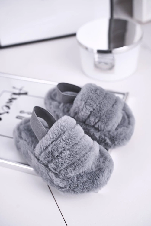 Dziecięce klapki z futerkiem i gumką szare Fluffy
