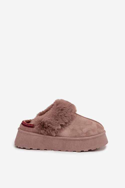 Śniegowce Damskie Na Platformie Z Futerkiem I Haftem Ciemnobeżowe Querina