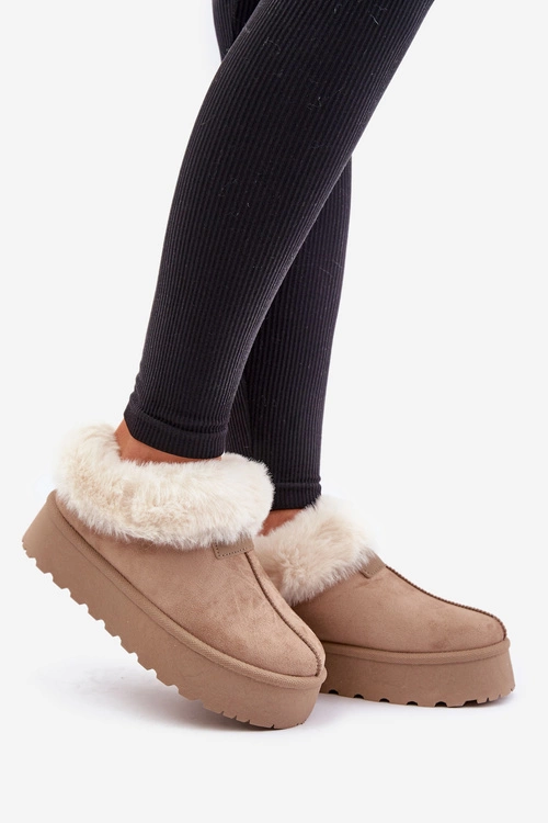 Śniegowce Z Niską Cholewką Z Futerkiem Na Platformie Eko Zamszowe Ciemnobeżowe Neathoria