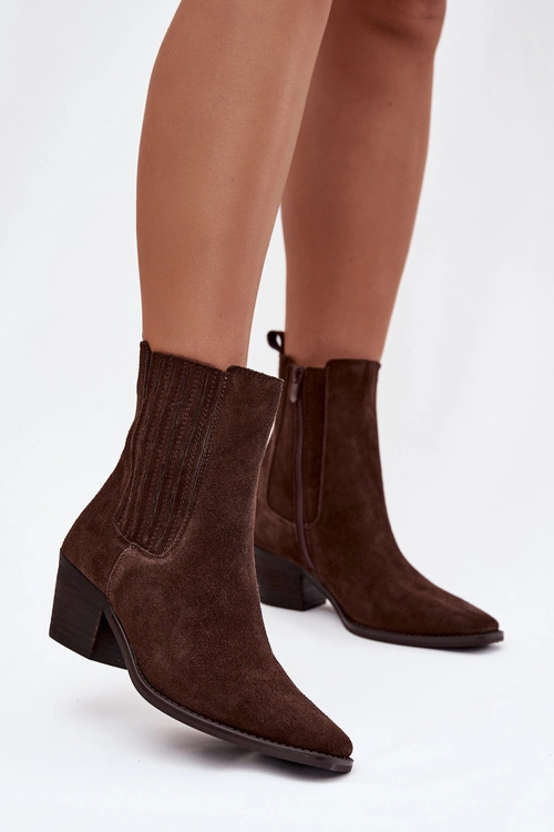 Zamszowe Botki Damskie Na Słupku Ocieplane Brązowe Arelia