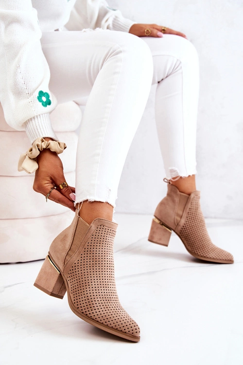 Zamszowe Botki Kowbojki Ażurowe Ciemnobeżowe Helloni