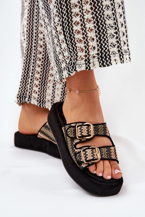 Klapki Damskie Na Platformie Z Klamrami I Plecionką Czarne Limme