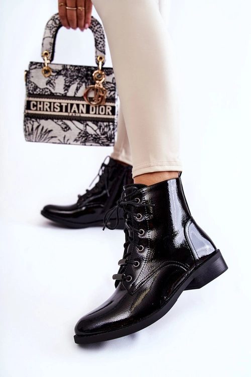 Klasyczne Lakierowane Damskie Ocieplane Botki Czarne Grimma