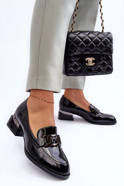 Lakierowane Półbuty Mokasyny Na Obcasie Czarne Sakina