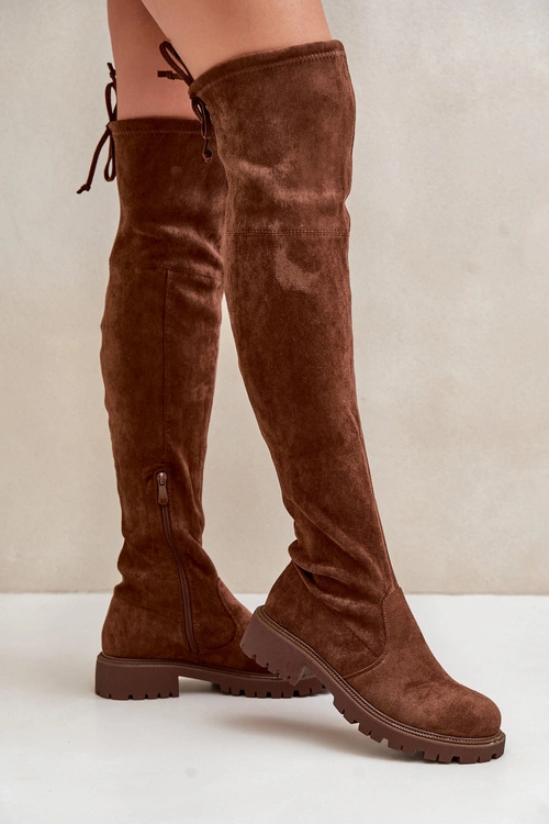 Kozaki Za Kolano Na Płaskim Obcasie Z Eko Zamszu Brązowe Arkelia