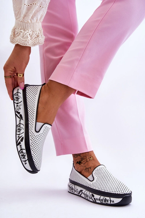 Damskie Ażurowe Skórzane Tenisówki Slip-On Białe Sorito