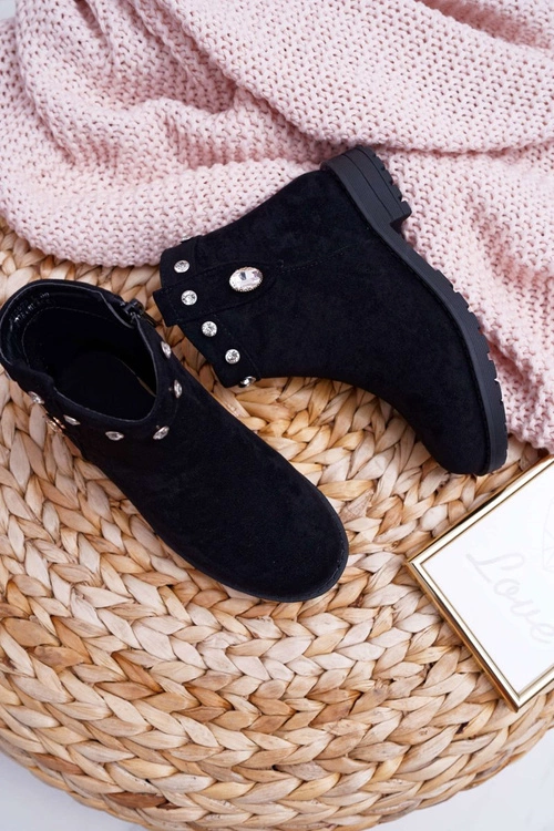 Młodzieżowe Botki Czarne z Kryształkami Płaski Obcas Venici