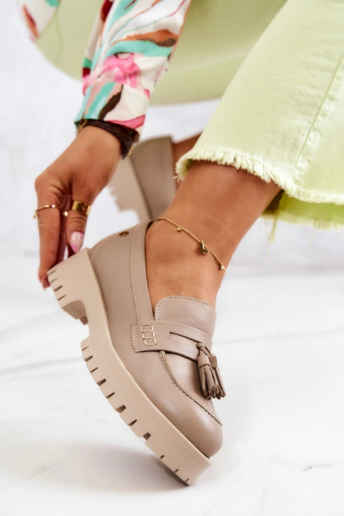 Damskie Skórzane Półbuty Frędzle Maciejka 05497-04 Beżowe