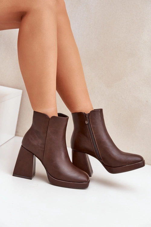 Botki Na Wysokim Obcasie Słupku Eko Skórzane Ciemnobrązowe Selarae