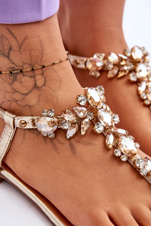 Damskie Sandały Japonki Z Kamieniami Złote Lenisa