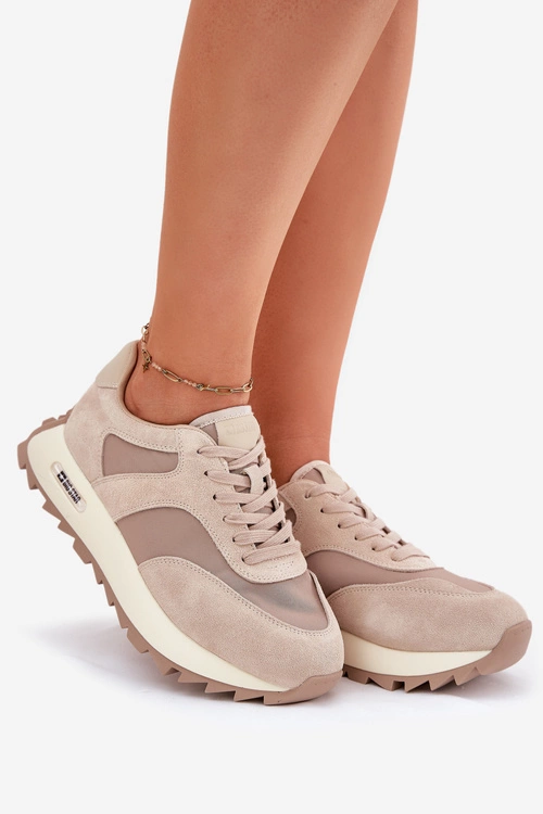 Zamszowe Sneakersy Na Platformie Damskie Big Star RR274897 HI-POLY SYSTEM Beżowe