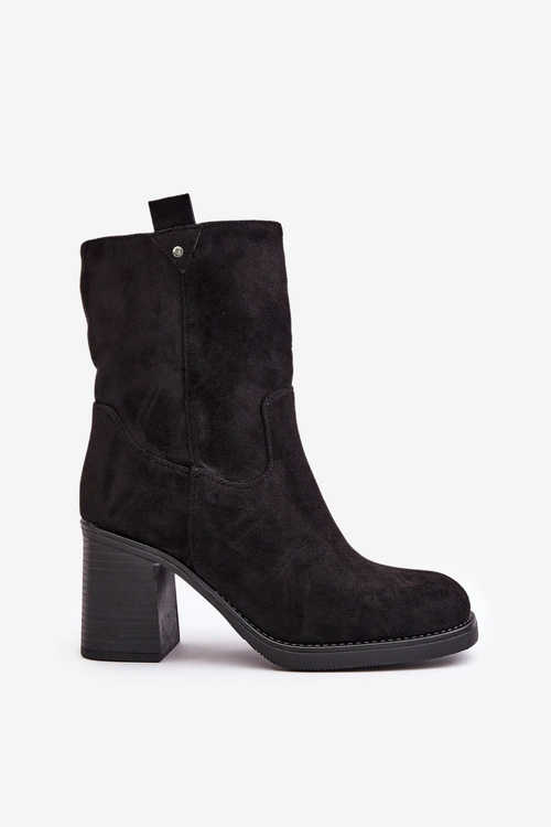 Botki Damskie Ocieplane Na Obcasie Słupku Eko Zamszowe Czarne Vellinga