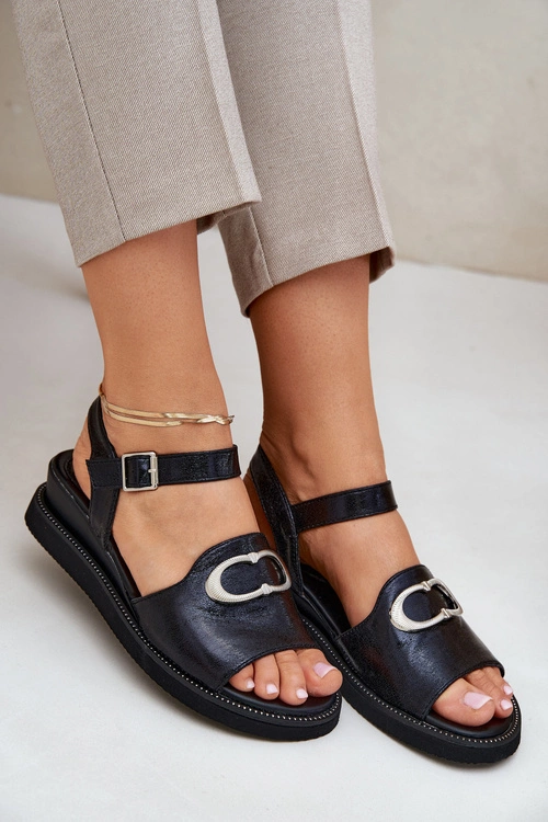 Lakierowane Sandały Damskie Na Koturnie Z Ozdobą Czarne Salianes