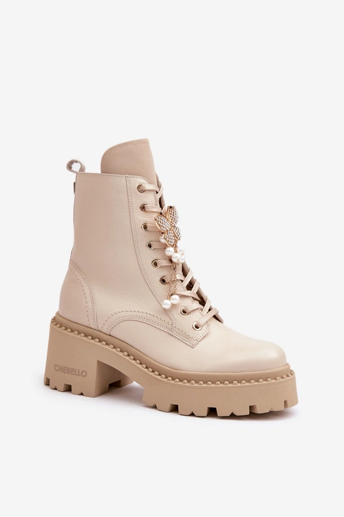 Skórzane Botki Workery Damskie Z Motylem Beżowe CheBello 4590