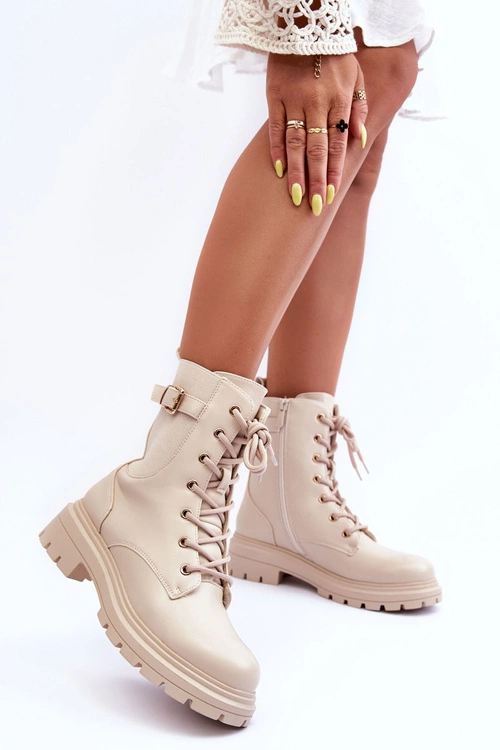 Skórzane Damskie Botki Workery Beżowe Chrezy