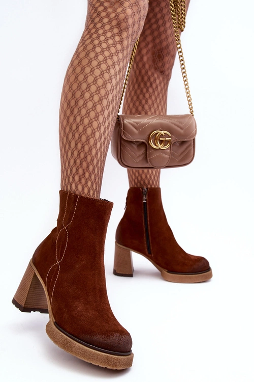 Zamszowe Botki Damskie Na Słupku Brązowe Lemar Remilda