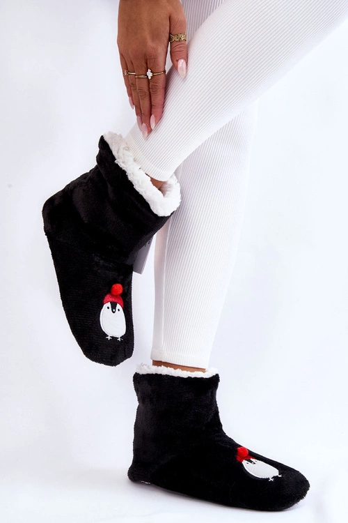 Damskie Wsuwane Ocieplane Papcie Z Pingwinami Czarne