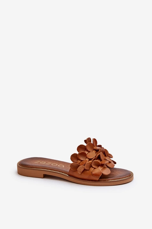 Zazoo 40381 Damskie Skórzane Klapki Na Płaskim Obcasie Brązowe