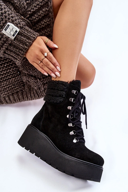 Damskie Zamszowe Botki Na Koturnie Czarne Lemar Meniko