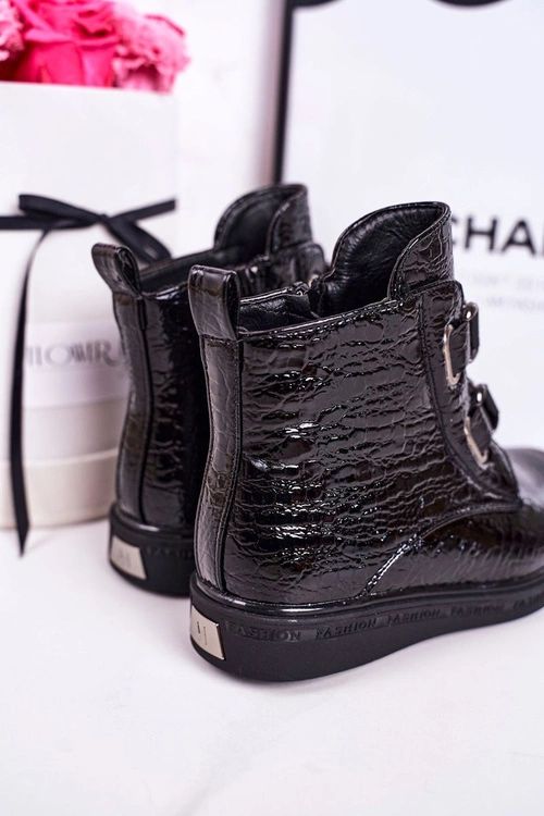 Dziecięce Ocieplane Botki Lakierowane Czarne Wzór Zwierzęcy Maya