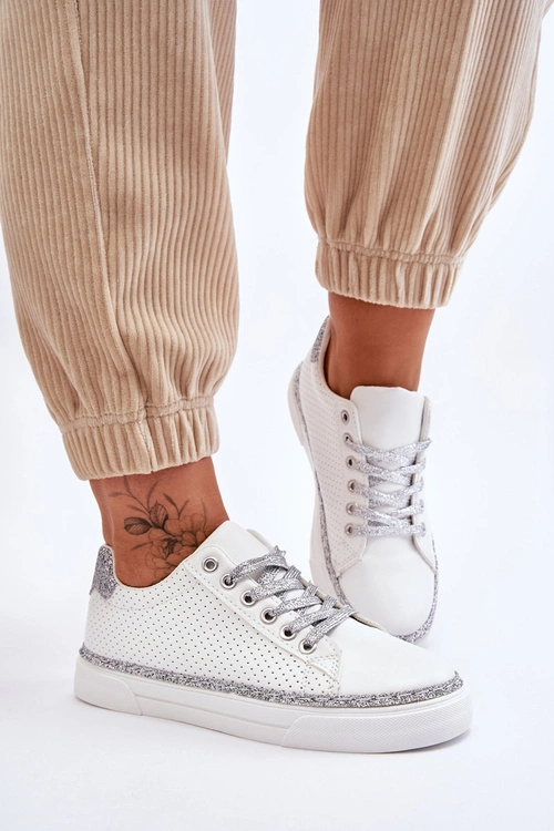 Niskie Damskie Trampki Z Perforacją Biało-Srebrne Daxton