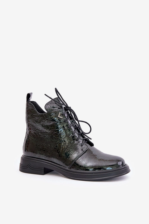 Skórzane Lakierowane Botki Damskie Ocieplane Na Zamek D&A LZ42-042 Ciemnozielone