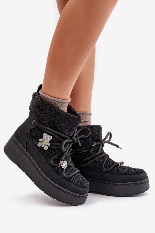 Śniegowce Damskie Z Przypinkami I Futerkiem Typu Baranek Czarne Almatiza