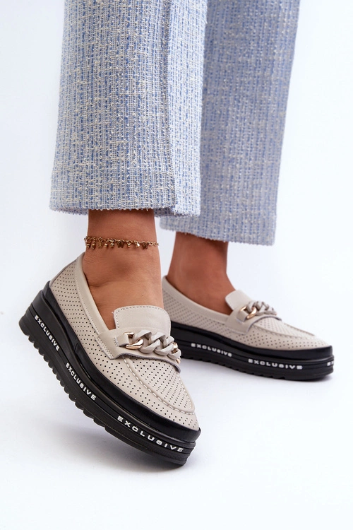 Mokasyny Damskie Skórzane Na Platformie Z Łańcuchem S.Barski LR618 Beżowe