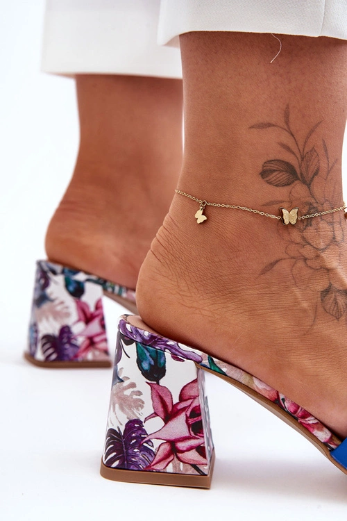 Damskie Skórzane Klapki Na Obcasie Lewski Shoes 3209/K Niebieskie