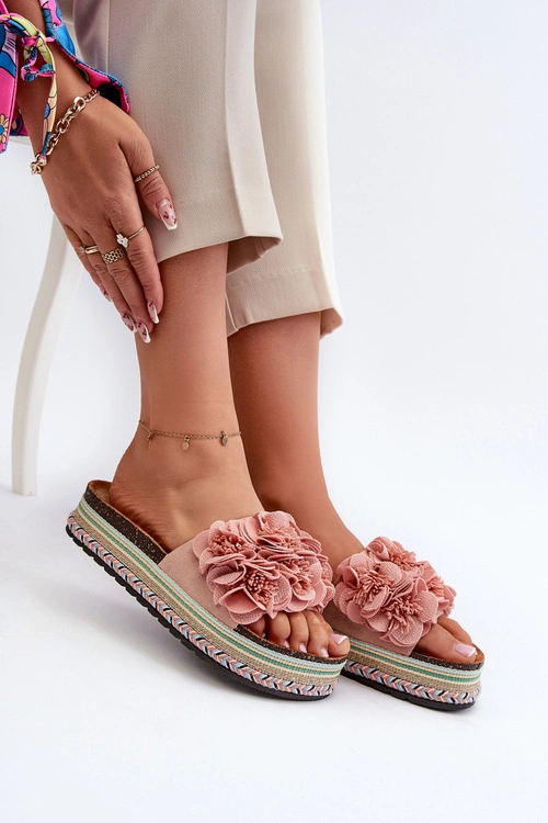 Klapki Damskie Na Platformie Ozdobione Kwiatkami Różowe Nodina