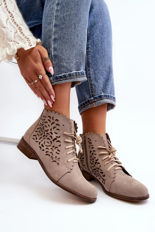 Zazoo 2871 Ażurowe Botki Damskie Sznurowane Beżowe
