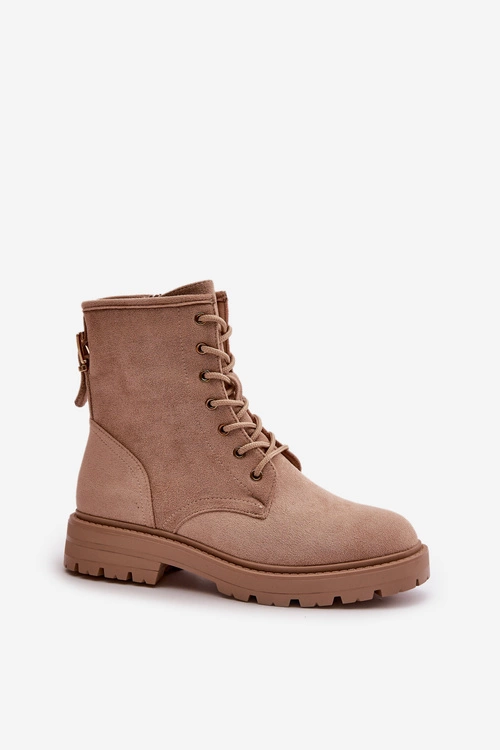 Botki Workery Damskie Ocieplane Na Zamek Eko Zamszowe Beżowe Mardia