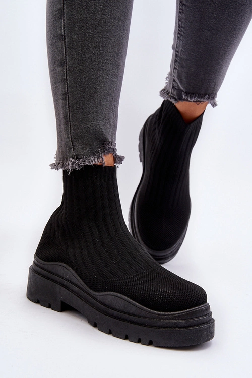 Skarpetkowe Botki Na Masywnej Podeszwie Wsuwane Damskie Czarne Elipara