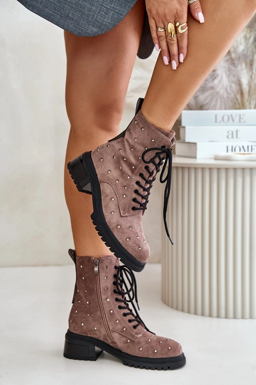 Zdobione Botki Workery Damskie Ocieplane D&A MR880-017 Taupe