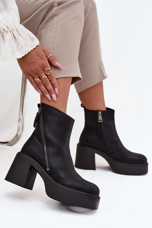 Skórzane Ocieplane Botki Damskie Na Słupku I Platformie Vinceza 66831 Czarne