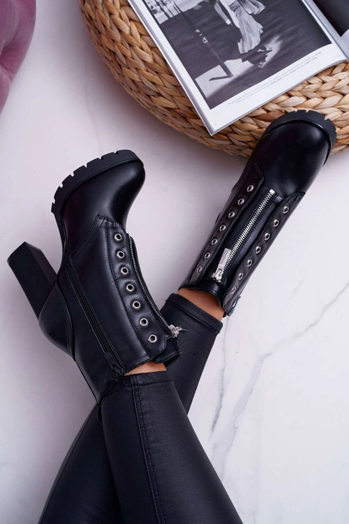 Botki Damskie Na Słupku Ozdobny Suwak Czarne Imagine