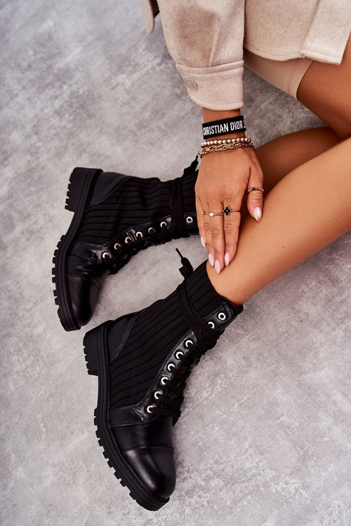 Botki Damskie Ze Skarpetą Wiązane Czarne Livaro